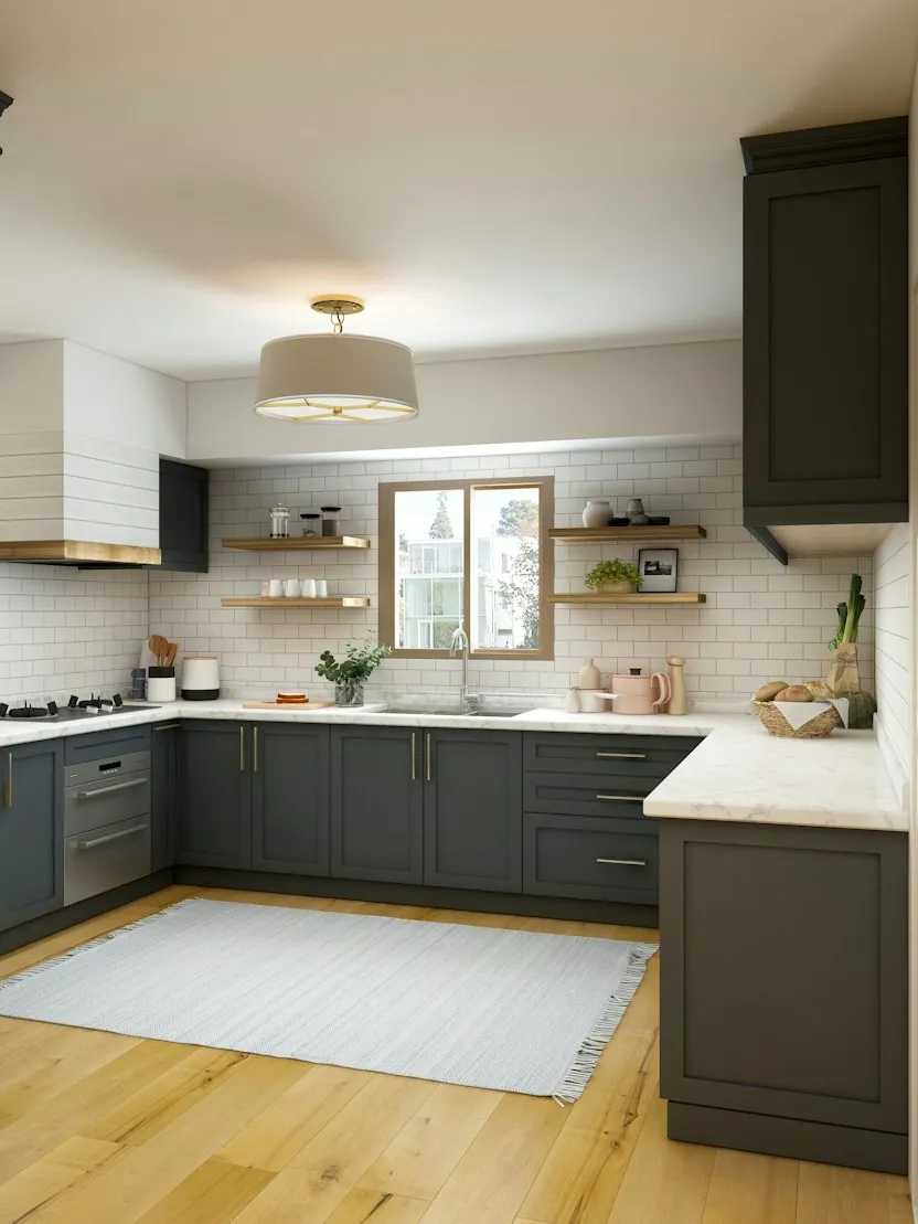 Photo d’inspiration : cuisine grise avec sol en bois