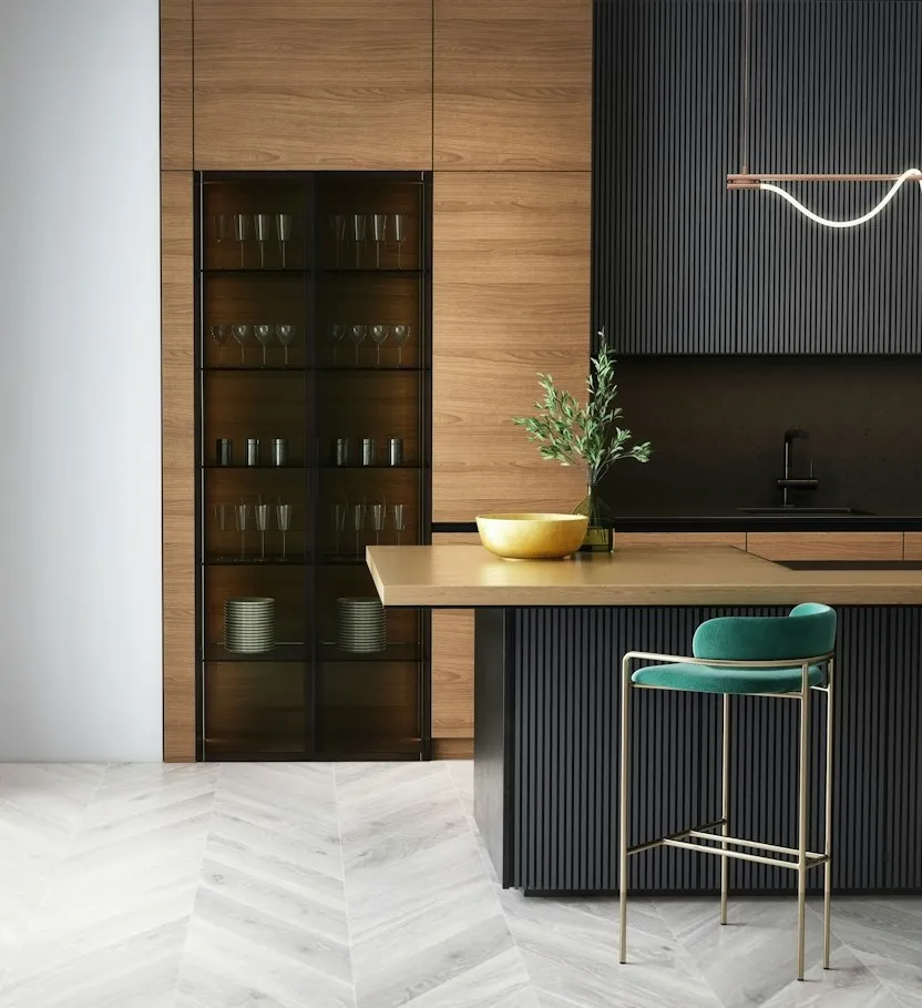 Photo d’inspiration : cuisine sombre avec rangements en bois